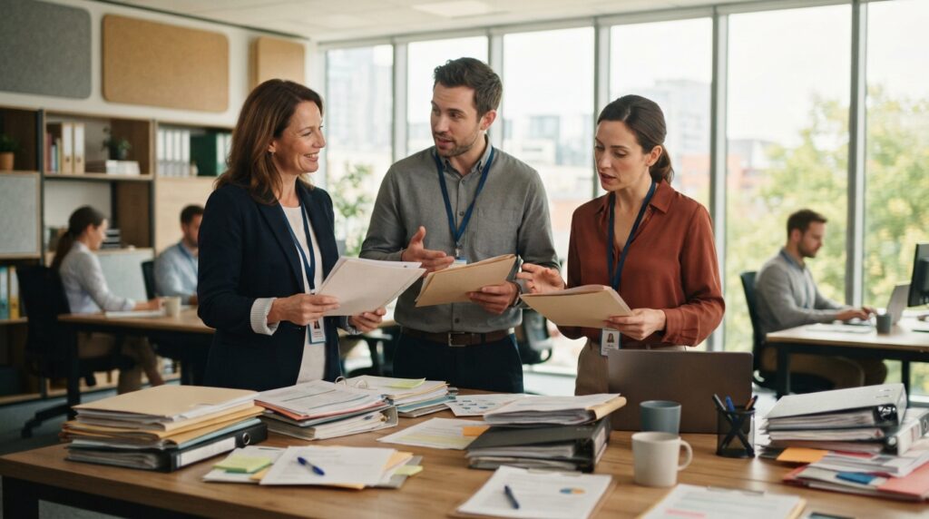 Copropriétaires répartissant les dossiers dans une organisation de gestion coopérative Copropriétaires répartissant les dossiers dans une organisation de gestion coopérative