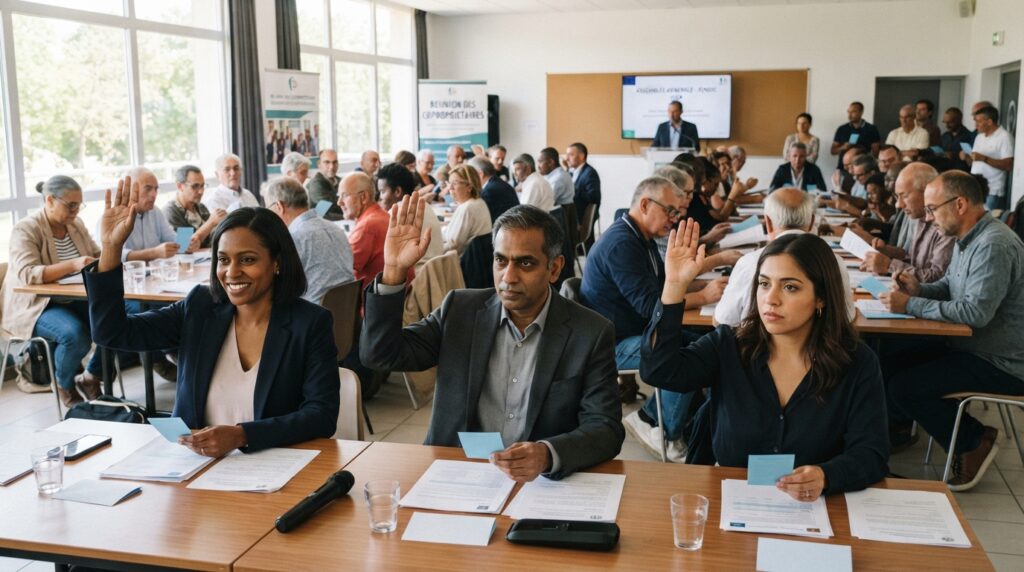 Copropriétaires votant la désignation du syndic en assemblée générale Copropriétaires votant la désignation du syndic en assemblée générale